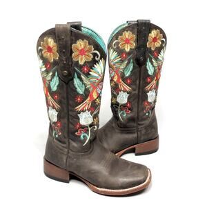 Quincy Hummingbird Floral Embroidered Leather Boots SZ 7 Brown Western Cowgirl